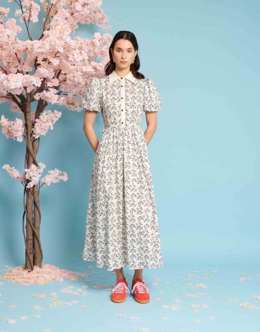 Sister Jane - Vestito midi stile camicia color avorio con stampa di fiocchi neri