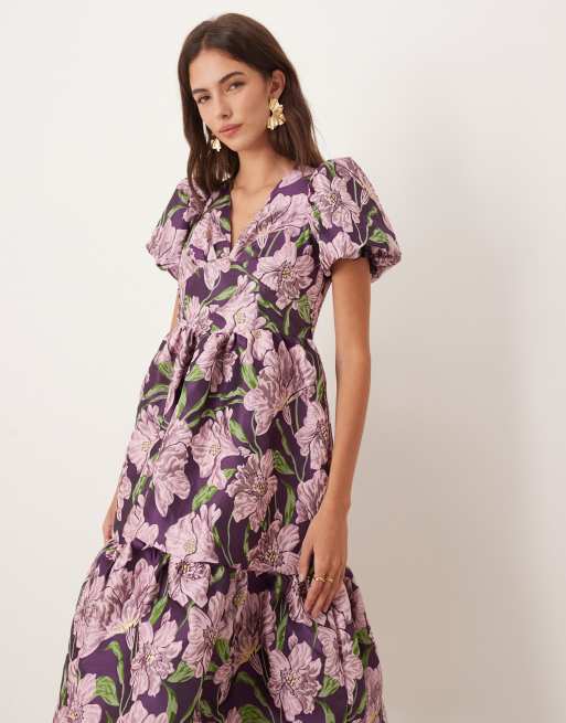 Sister Jane - Vestito midi viola a fiori jacquard con scollo a V, 4 di 4