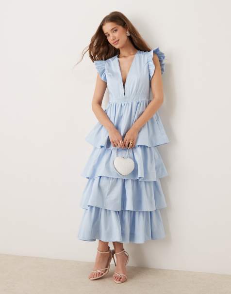 Sister Jane – Wadenlanges, gestuftes Kleid in Puderblau mit tiefem Ausschnitt - view 1