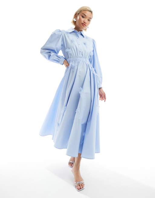 Sister Jane – Wadenlanges Hemdblusenkleid in Blau mit Schleifenbesatz aus Tüll
