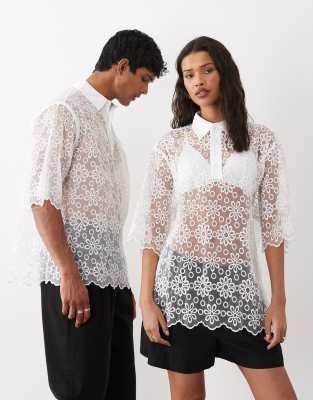 Sister Jane Walter Unisex Lace Floral Embroidered Polo Top In White