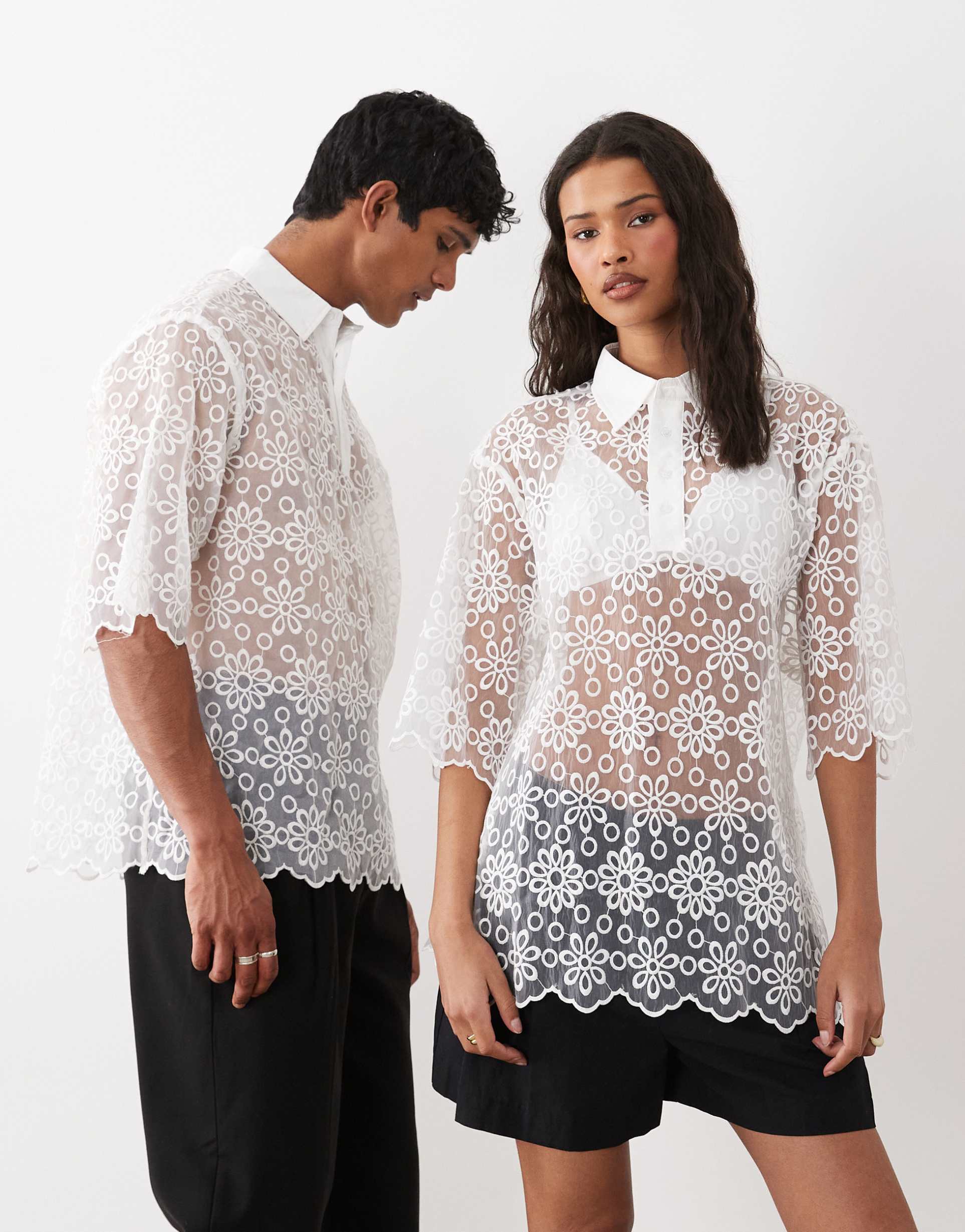 sister jane walter unisex lace floral embroidered polo top in white