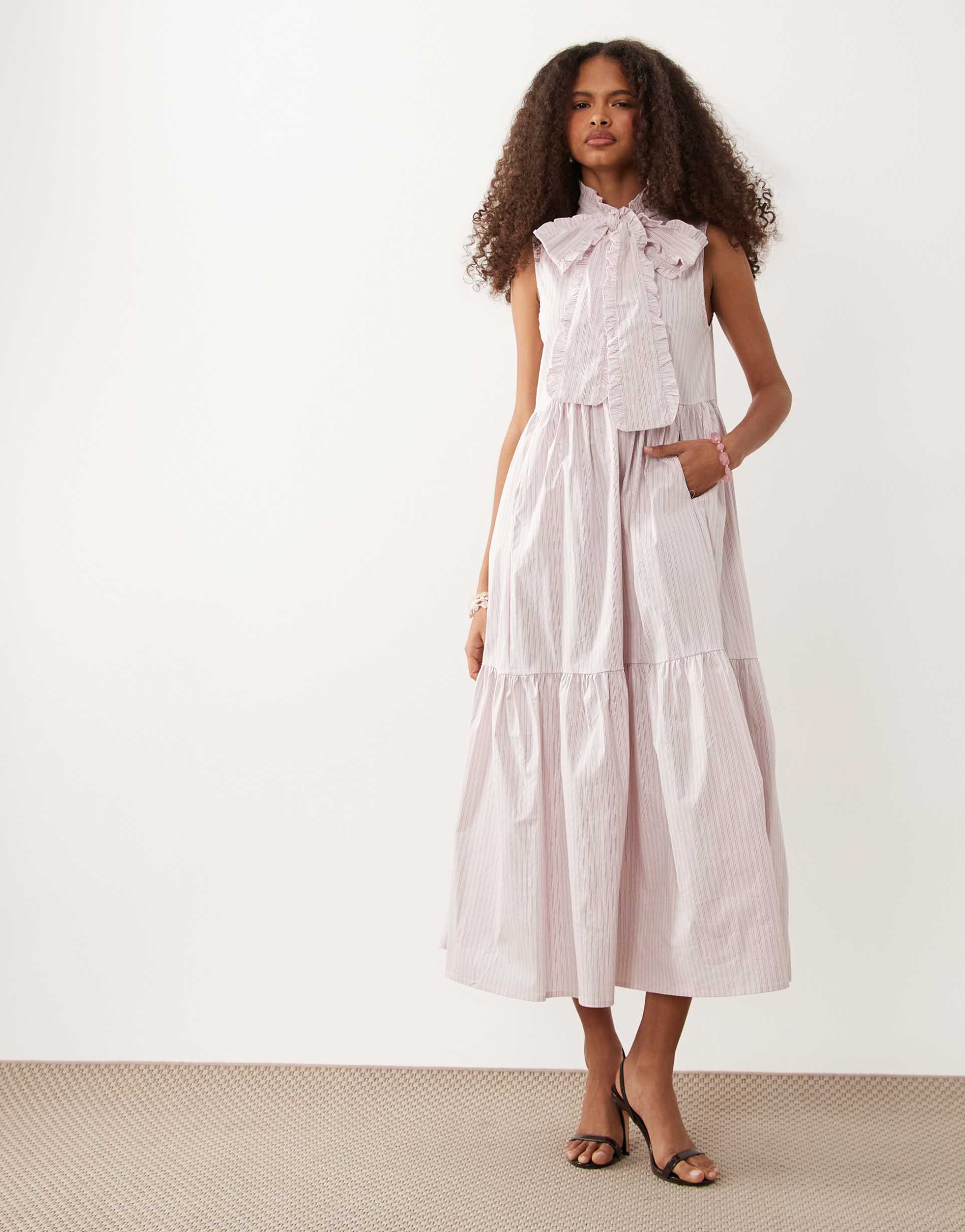 sister jane wave tripe bow detail tiered skirt maxi dress in lilac stripes