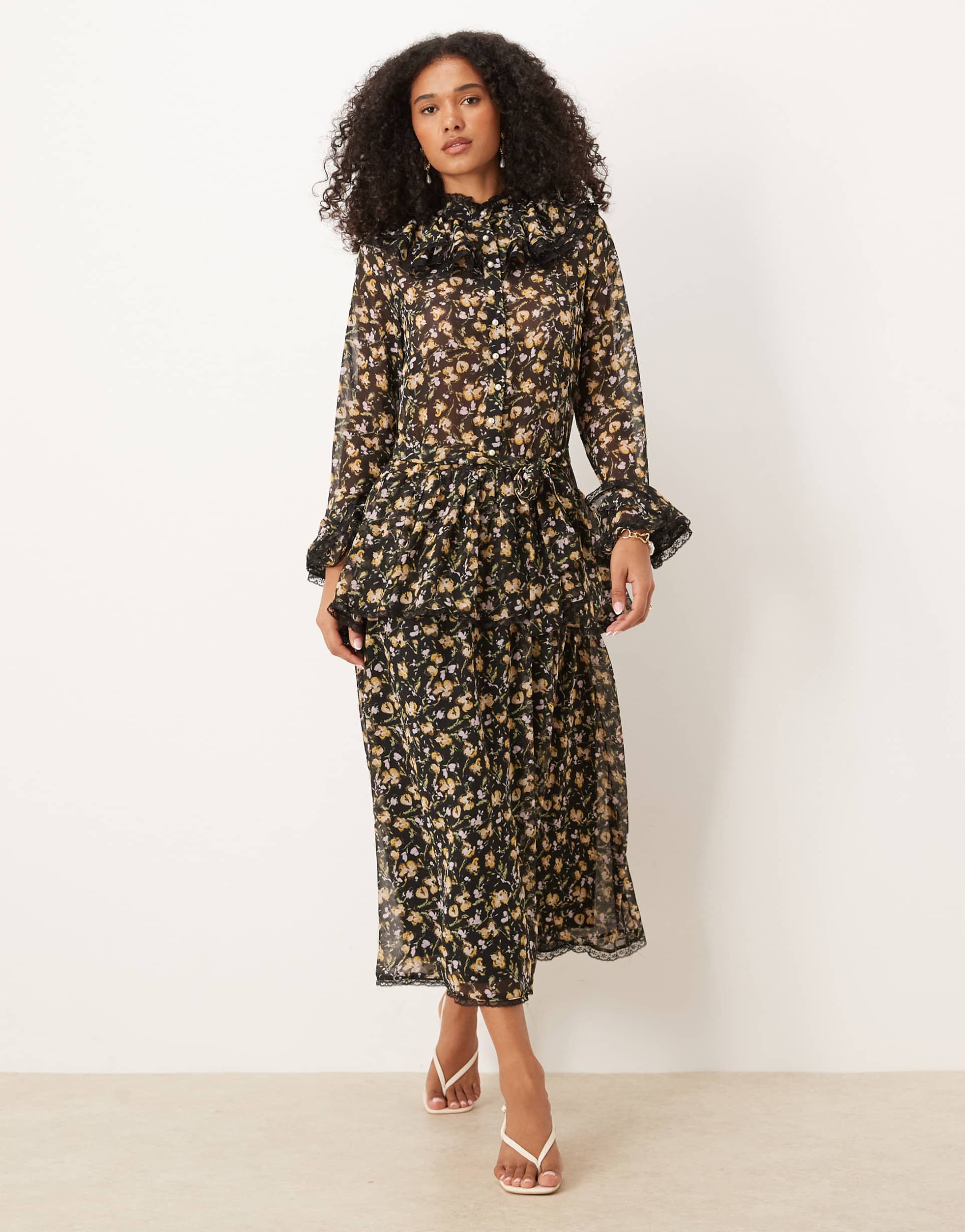 sister jane windswept chiffon maxi dress in black floral