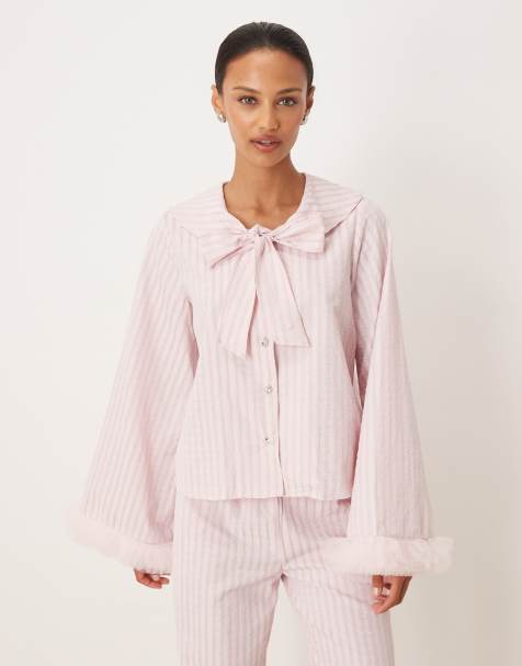 Sister Jane Wonder cotton blend pussybow tulle trim blouse co-ord in pink stripe
