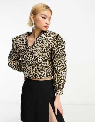 Sister Jane wrap front blouse with scalloped collar in leopard