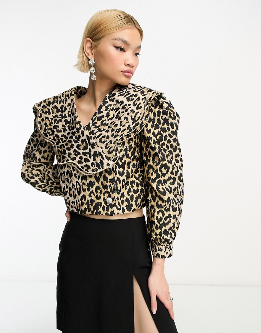 Sister Jane wrap front blouse with scalloped collar in leopard-Brown