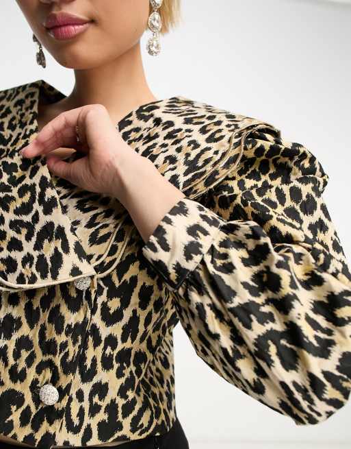 Sister Jane wrap front blouse with scalloped collar in leopard