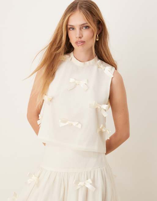 Sister Jane puff sleeve embellished bow top in ivory | ASOS