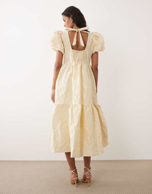 jo cream puff-sleeve dress Our favorite spring dress, Jo is here. A pretty puff-sleeve midi with filet  lace details, inspired by vintage Italian curtains #loefflerrandall