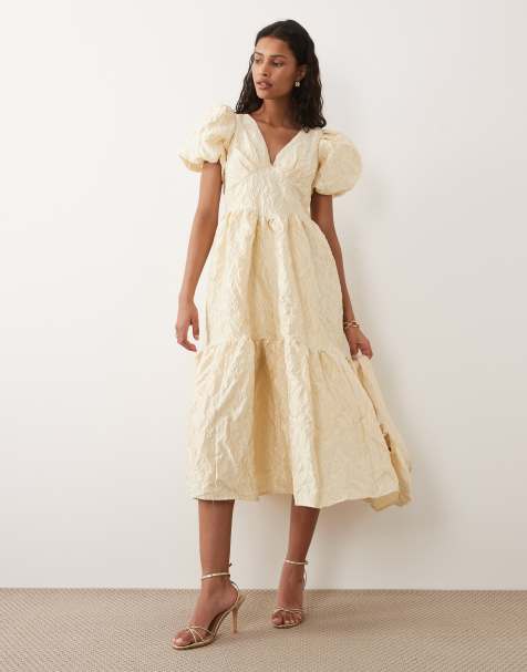 Sister Jane - Yarrow - Robe mi-longue en jacquard à volants et manches bouffantes - Or jaune - view 1