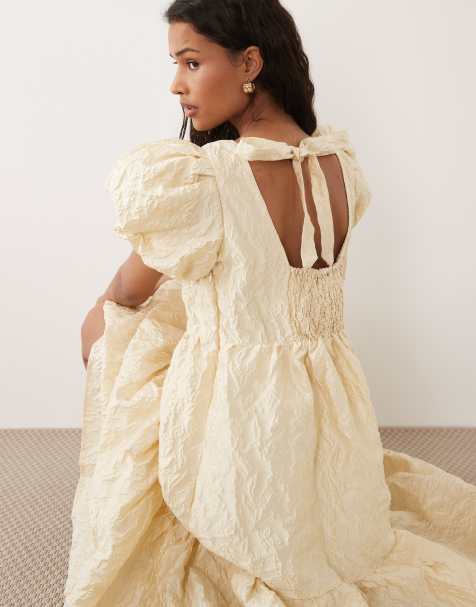 Sister Jane - Yarrow - Vestito midi a balze con maniche a sbuffo in jacquard giallo oro - view 1