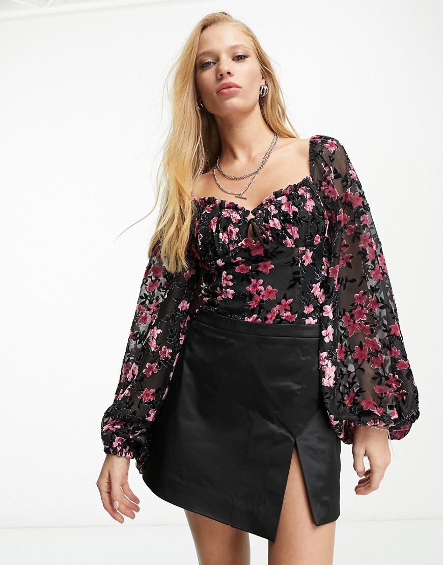 Sisters Of The Tribe bodysuit with frill edge and tie front in black with pink floral burnout-Multi