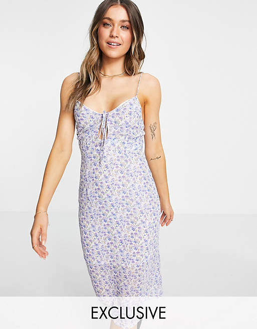 Sisters Of The Tribe cami midi dress with bust detail in sheer blue floral
