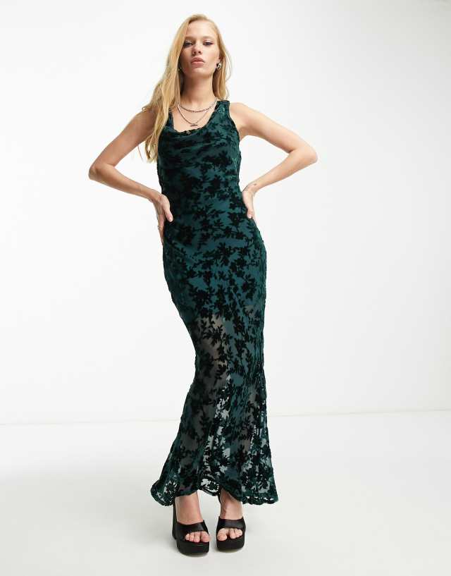 Sisters of the Tribe cowl front maxi dress with open back in green burnout velvet