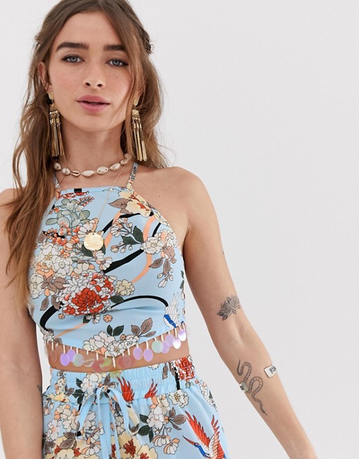 Sisters Of The Tribe crop top with sequin hem in floral co-ord