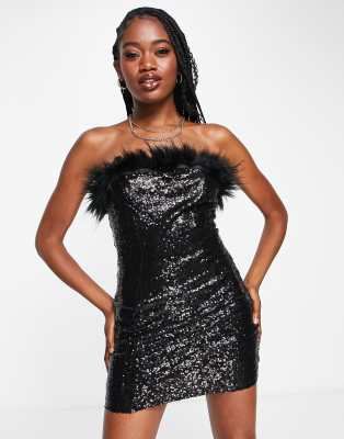 Sisters Of The Tribe faux feather sequin strapless party dress in black