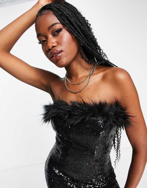 Black sequin hot sale feather dress