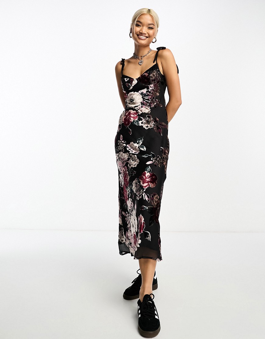 Sisters of the Tribe floral print cup detail devore velvet maxi dress in black