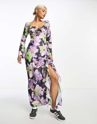 Sisters Of The Tribe Floral Print Long Fluted Sleeve Ruffle Maxi Dress In Multi