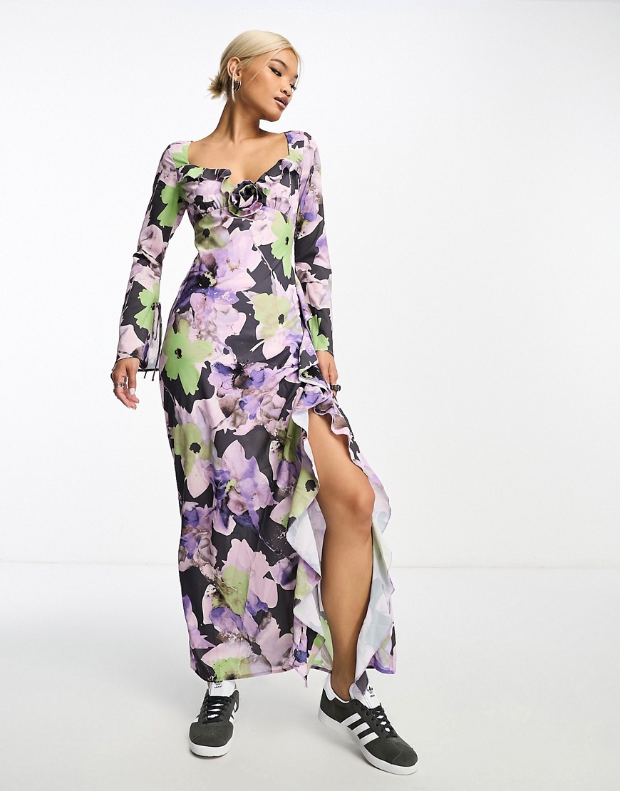 Sisters of the Tribe floral print long fluted sleeve ruffle maxi dress in multi