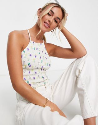Sisters Of The Tribe floral ruched halterneck crop top with frill edge