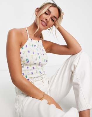 Sisters Of The Tribe floral ruched halterneck crop top with frill edge 