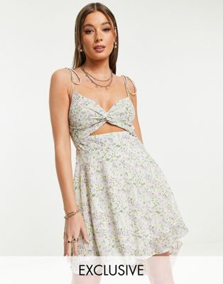 Sisters Of The Tribe floral twist front cami dress in lilac - ASOS Price Checker