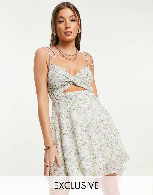 Sisters of the Tribe floral twist front cami dress in lilac