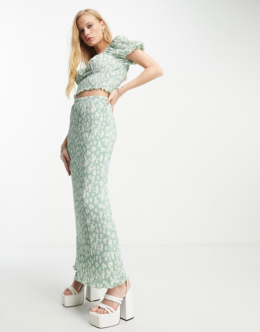 Sisters Of the Tribe green slip tube skirt with lettuce hem in white ditsy floral co-ord