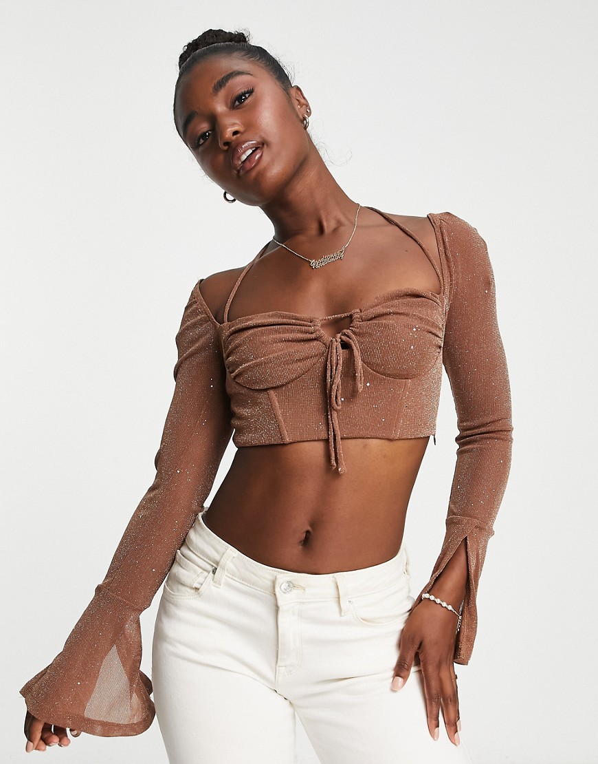 Sisters Of The Tribe halter detail long sleeve sparkle mesh top co-ord in soft brown