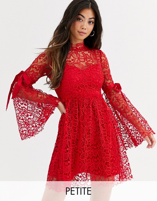 Sisters Of The Tribe high neck dress in lace with ribbon sleeve ties