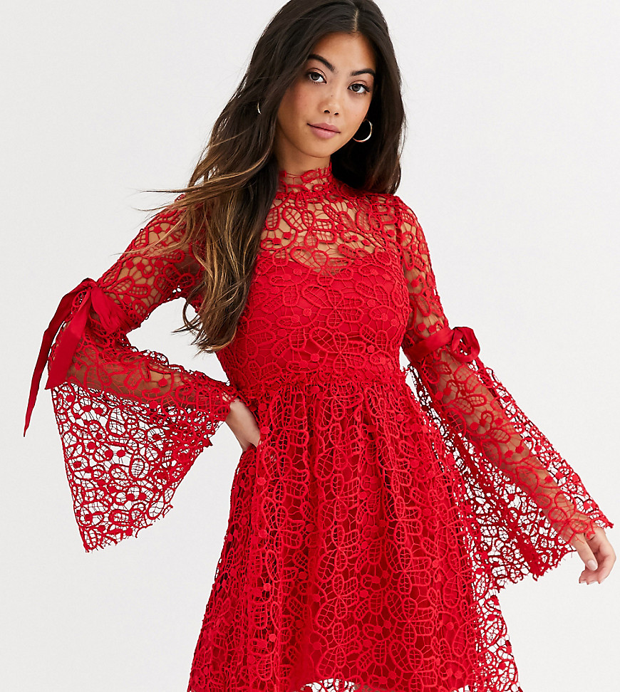 Sisters Of The Tribe high neck dress in lace with ribbon sleeve ties-Red