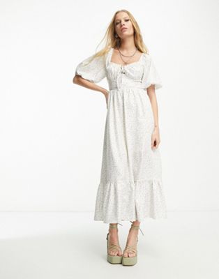 Sisters Of The Tribe keyhole detail milkmaid maxi dress with lace trim in white lilac ditsy floral