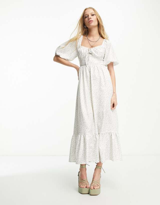 Sisters of the Tribe keyhole detail milkmaid maxi dress with lace trim in white lilac ditsy floral