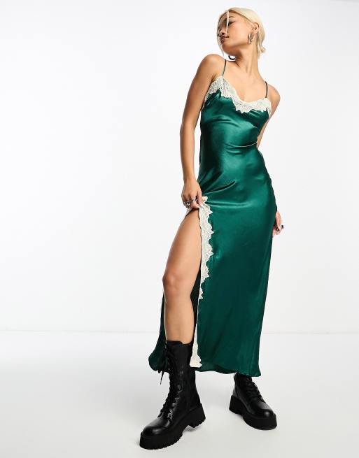 Sisters of the Tribe lace detail satin maxi slip dress in forest green |  ASOS