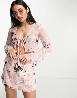 Sisters Of The Tribe long sleeve tie up crop top in red and pink floral velvet burnout (part of a set)