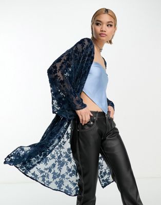 Sisters Of The Tribe maxi kimono with tie front in two tone velvet burnout