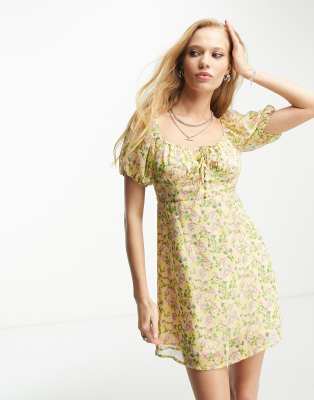 Sisters of the Tribe mini milkmaid dress with tie bust in multi ditsy floral-Yellow