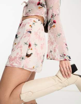 Sisters Of The Tribe Mini Slip Skirt In Red And Pink Floral Velvet Burnout Co-Ord-Multi