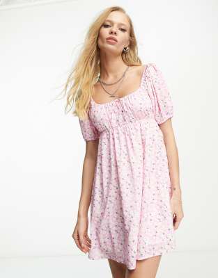 Sisters Of The Tribe mini smock dress in pink floral with puff sleeves