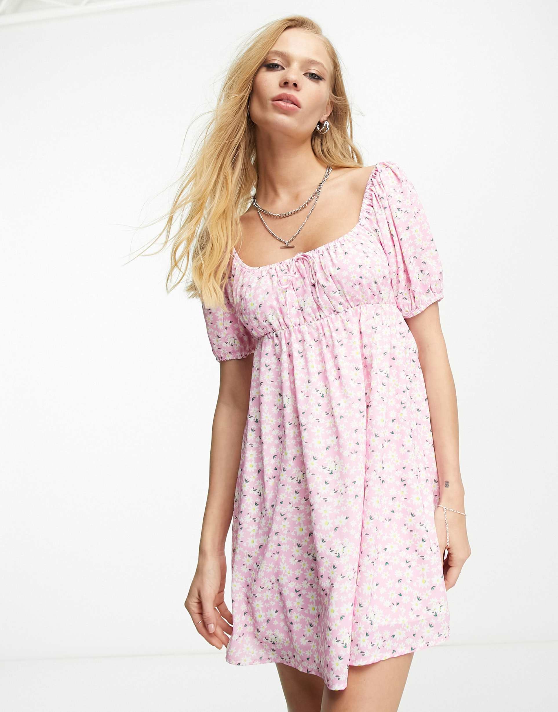 sisters of the tribe mini smock dress in pink floral with puff sleeves