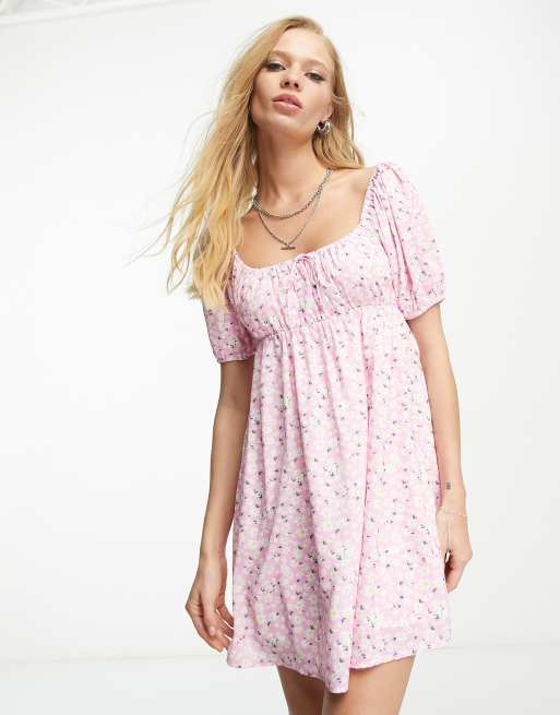  Sisters Of The Tribe mini smock dress in pink floral with puff sleeves