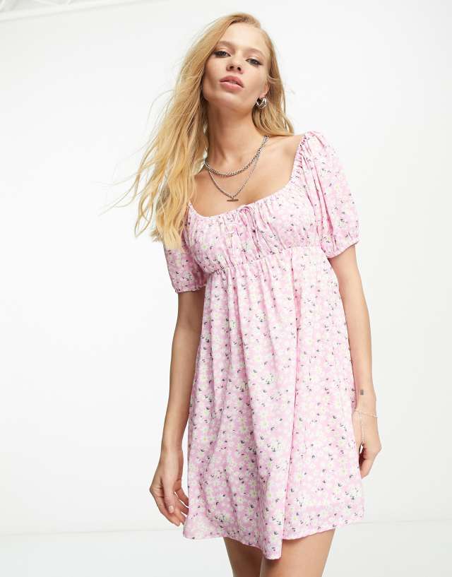 Sisters of the Tribe mini smock dress in pink floral with puff sleeves