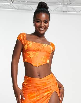 Sisters Of The Tribe orange devore corset top co-ord in burnt orange