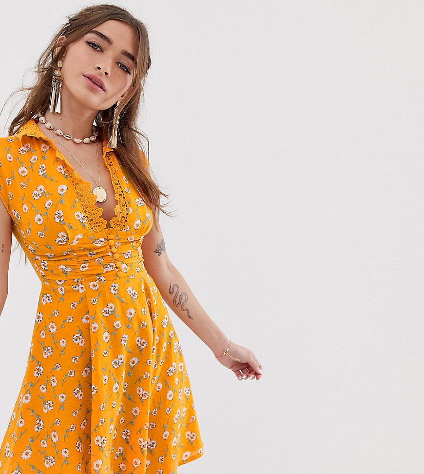 Sisters Of The Tribe Petite button front mini tea dress in floral-Orange
