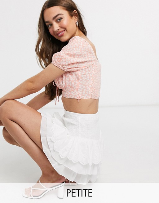 Sisters Of The Tribe Petite ruched mini skirt with broderie ruffles