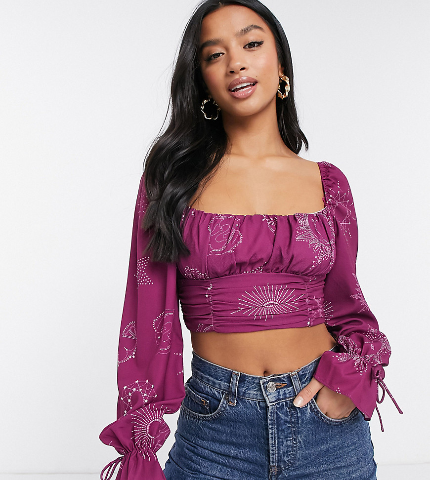 Sisters Of The Tribe Petite square neck crop top set in celestial print-Purple