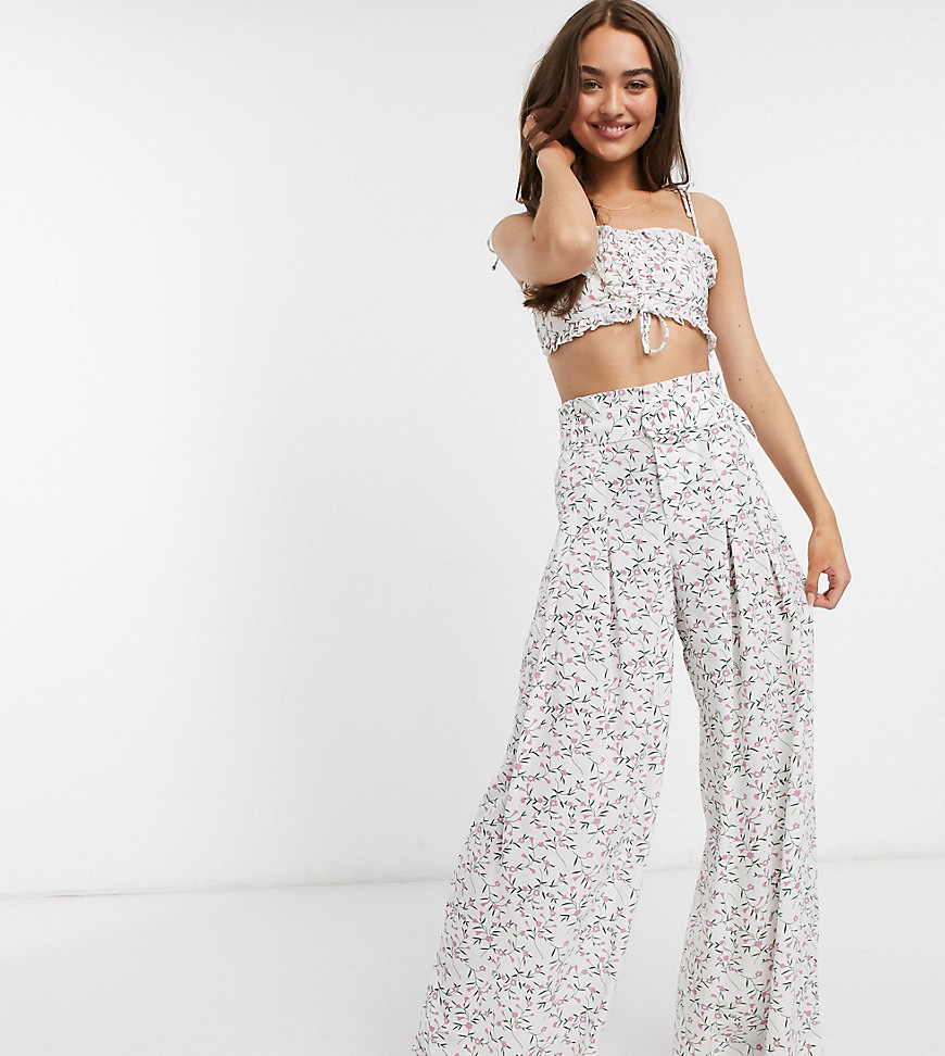 Sisters Of The Tribe Petite wide leg trousers in floral co-ord-White