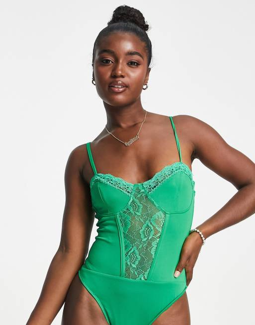 Sisters Of The Tribe satin lace detail bodysuit in green